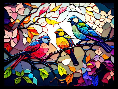 Colorful Bird Stained Glass Pattern Print Download Digital - Etsy Tree Stained Glass, Mosaic Painting, Stain Glass Window Art, L'art Du Vitrail, Glass Painting Patterns, Glass Painting Designs, Glass Window Art, Stained Glass Pattern, Stained Glass Paint