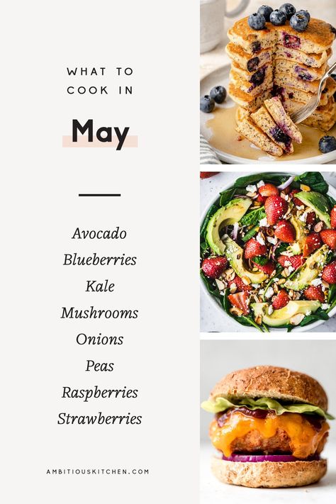 Incredible, seasonal recipes to cook in May! These vibrant, healthy spring recipes celebrate spring produce like avocado, berries and greens, and are just as delicious as they are colorful. You'll find everything from seasonal salads and fresh dinner recipes to amazing desserts perfect for any occasion. #spring #healthyeating #may #springrecipes May Recipes, Almond Flour Blueberry Muffins, Healthy Spring Recipes, Spring Produce, Lemon Herb Chicken, Recipes To Cook, Ambitious Kitchen, Seasonal Salad, Spinach Strawberry Salad