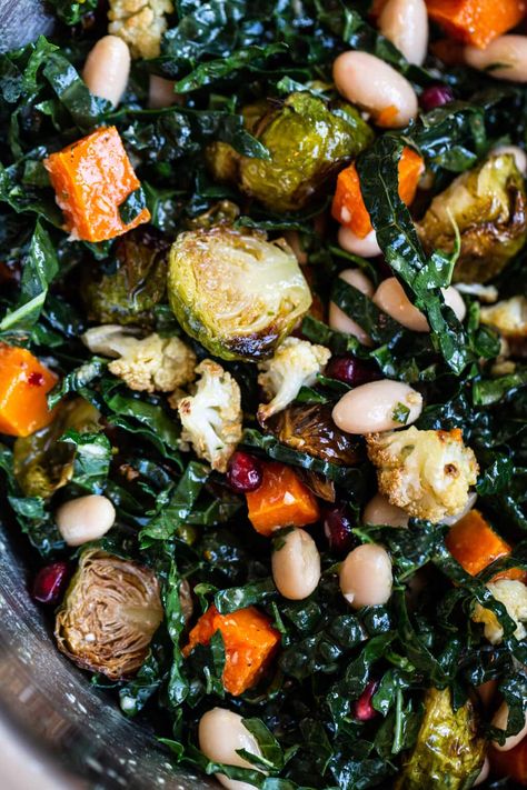 Inspired by True Food Kitchen, this roasted vegetable salad brings together Brussels sprouts, butternut squash and cauliflower with a zesty horseradish dressing. #eatingbirdfood #salad #roastedvegetables #horseradish #mealprep #sidedish Butternut Squash And Cauliflower, Horseradish Dressing, Health Recipes Easy, True Food Kitchen, Roasted Vegetable Salad, Paleo Salads, Cooking With Coconut Oil, Sprouts Salad, True Food