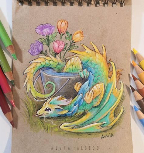 Dragon With Flowers, Alvia Alcedo, Bucket Of Water, Hot Summer, Summer Days, Colored Pencils, Deviantart, Water, Flowers