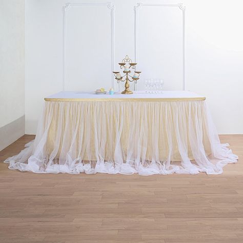 21FT Extra Long 48" Two Layered Tulle & Satin Table Skirt - Champagne | White Tulle Tablecloth, Tulle Table Skirt, Tulle Table, Table Skirts, Dessert Table Decor, Top Satin, Sophisticated Decor, Chic Table, Wedding Place Settings