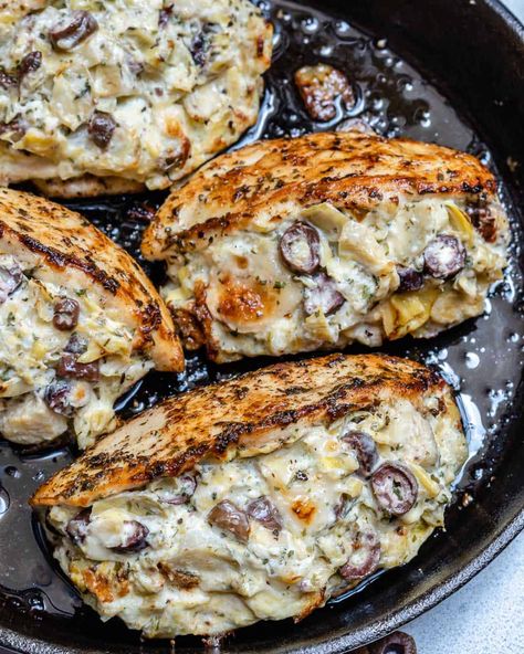 Creamy Olive Artichoke Stuffed Chicken Breast | Healthy Fitness Meals Artichoke Stuffed Chicken, Chicken Breast Stuffed, Artichoke Stuffed, Olive Dip, Fitness Meals, Stuffed Chicken Breast, Cheese Stuffed Chicken, Artichoke Chicken, Healthy Fitness Meals