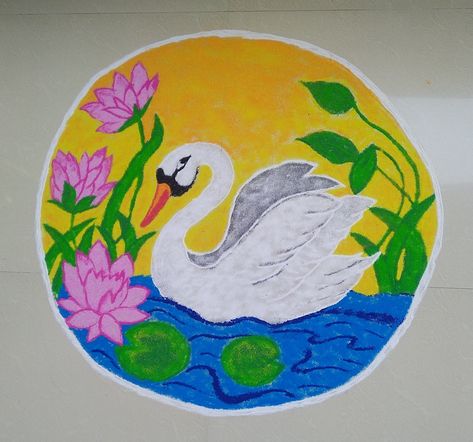 Duck Rangoli Design, Swan Rangoli Designs, Latest Rangoli Designs Creative 2024, Swan Rangoli, Rangoli Designs For Competition, Creative Rangoli, Rangoli Diwali, Rangoli Designs Simple Diwali, School Board Decoration