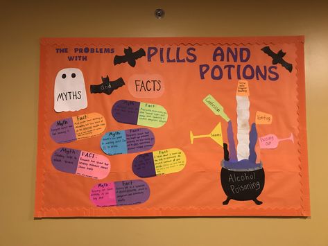 Cardiac Rehab Bulletin Board, Halloween Bulletin Boards For College, Halloween Ra Bulletin Boards, Alcohol Bulletin Board, Resident Assistant Door Decs, Dorm Bulletin Boards, Ra Decorations, Res Life Bulletin Boards, Cardiac Rehab