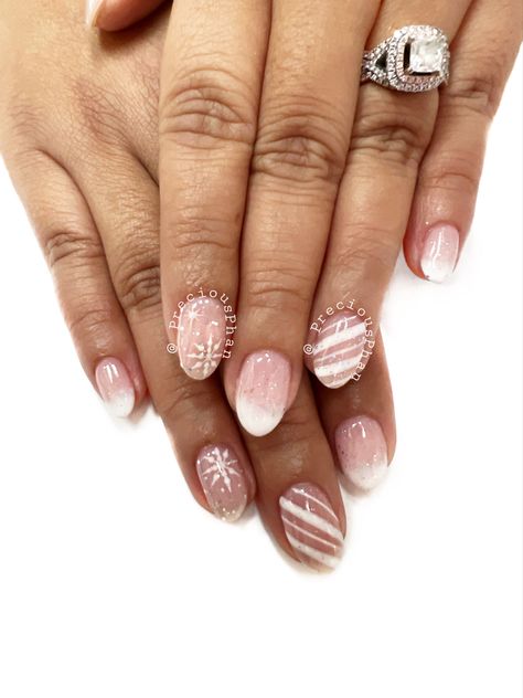 Pink And White Candy Cane Nails, Candy Cane And Snowflake Nails, Christmas Nails Candy Cane, Pink Nails With White Snowflake, Pink Candy Cane Nails, Pink Nails White Snowflake, Peppermint Nails, French Tip With Snowflake On Ring Finger, Snow Nails