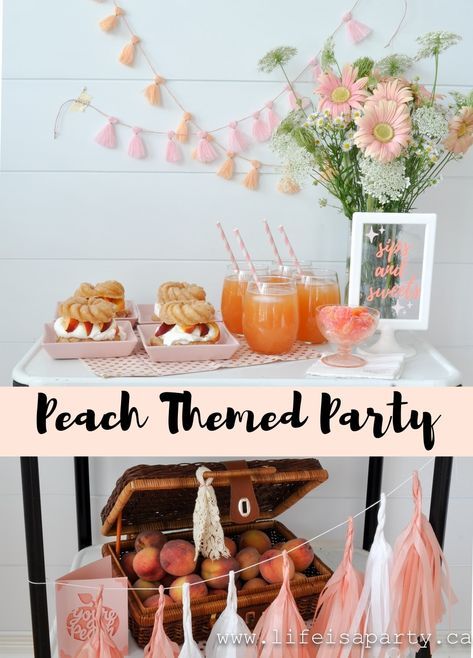 Peach Party: easy DIY peach themed party decor made with the Cricut Joy, delicous peach dessert and peach drink recipes included. Peach Foods For Party, Decorating With Peaches, Peach Brunch Decor, Peach Party Food, Peach Drink Recipes, Peach Party Ideas, Peach Brunch, Peach Theme Party, Peach Birthday Decorations