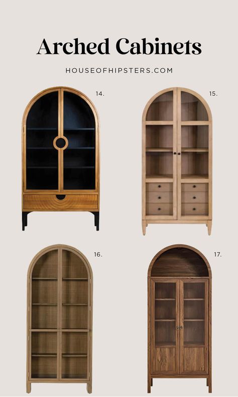 Beautifully designed arched cabinets with glass doors and spacious storage for the living room. Shop the round up. Trending Room Decor, Arch Cabinets, Crockery Shelf, Arched Cabinets, Vintage House Interior, Crockery Cabinet Design, Cozy Neutral Living Room, Arched Cabinet, Hipster Home Decor