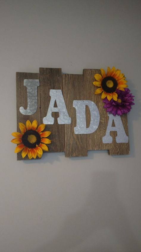 The pallet and tin letters are from Walmart. Letters and flowers attached with gorilla glue. Jada name sign Jada Name Meaning, Jada Name Wallpaper, Jada Wallpapers Name, Jada Name, African Baby Names, Nike Wallpapers, Tennis Grips, Cool Nike Wallpapers, Drawing Conclusions