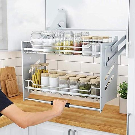 Amazon.com: Whifea Pull-Down Dish Rack System, Kitchen Shelf 2 Tier Upper Cabinet Organizer (For Cabinet Width ≥36''): Kitchen & Dining Pull Down Spice Rack, Pull Out Kitchen Storage, Pull Down Shelf, Organiser Cucina, System Kitchen, Upper Cabinet, Upper Kitchen Cabinets, Desain Pantry, Cabinet Organizer