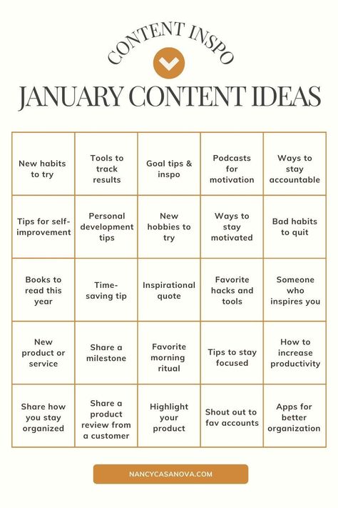 Fitness Social Media Content Calendar, January Vlog Ideas, Content Ideas For Personal Development, Content Theme Ideas, New Year Content Ideas Instagram, Weekly Content Ideas, Monthly Content Ideas, Social Media Content Ideas Small Businesses, January Social Media Engagement Posts