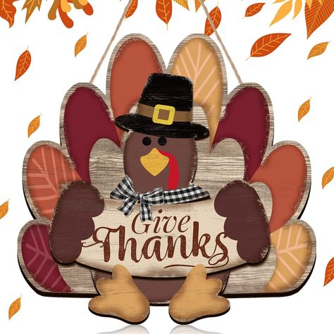 PRICES MAY VARY. Classic Thanksgiving Theme Design: you will receive 1 piece of Thanksgiving door sign, designed as a cute turkey holding a banner with "give thanks", with colorful tails, which can meet your holiday needs well and make your holiday more impressive and warm Detailed Size Information: each Thanksgiving turkey plaque measures approx. 13.23 x 12.52 x 0.2 inches/ 33.6 x 31.8 x 0.5 cm, big enough to have a good display effect, you can hang this decoration anywhere you want Reliable Ma Thanksgiving Door Sign, Rustic Thanksgiving Decorations, Fall Door Sign, Give Thanks Sign, Turkey Door, Wooden Turkey, Thanksgiving Home Decorations, Rustic Thanksgiving, Wreath Hanging