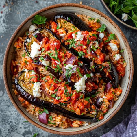 Roast Puttanesca Aubergines with Tomato Rice and Feta Recipe Ingredients For the Aubergines: 4 medium aubergines (eggplants), halved lengthwise 4 tablespoons olive oil Salt and pepper to taste 2 cloves garlic, minced 1 teaspoon dried oregano 1 teaspoon dried thyme For the Puttanesca Sauce: 2 tablespoons olive oil 1 medium red onion, finely chopped 2 cloves garlic, minced 1 can (14.5 ounces) diced tomatoes 1/4 cup pitted black olives, sliced 2 tablespoons capers, drained and rinsed 1 teaspoo... Eggplant Puttanesca, Puttanesca Sauce, Basil Salt, Feta Recipe, Tomato Rice, Healthy Inspiration, Feta Recipes, Dried Thyme, Black Olives