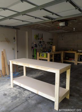 How to Build a Workbench | Build a DIY workbench for your garage or shop with plans from Bitterroot DIY . . #woodshop #woodworking #freeplans #woodworkingplans #beginnerwoodworking #diy #doityourself Shed Shelves, Work Cart, Cheap Storage Sheds, Wooden Work Bench, Raw Wood Furniture, Diy Garage Work Bench, Building A Workbench, Garage Workbench, Garage Workshop Organization