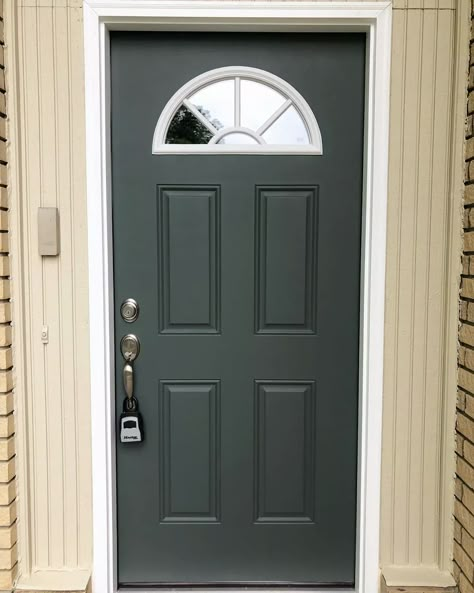 Sherwin Williams Pewter Green SW 6208 front door Green Front Door With Black Shutters, Pewter Green Sherwin Williams Front Door, Sw Rosemary Front Door, Sw Front Door Paint Colors, Green Front Door Colors Sherwin Williams, Dark Green Front Door Colors, Pewter Green Front Door, Dark Green Door Exterior, Dark Green Front Door