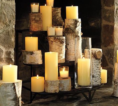 So many great ideas for non working fireplace! Candles on top of birch logs- Just lovely! Faux Fireplaces, Fireplace Candles, Artificial Fireplace, Unused Fireplace, Fireplace Candle Holder, Many Candles, Log Candles, Birch Logs, Candles In Fireplace