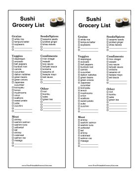 Sushi parties can use this printable grocery list. Free to download and print Sushi Shopping List, Make Your Own Sushi Party, Sushi Ingredients List, Printable Grocery List Free, Sushi List, Sushi Fillings, Cooking Cheat Sheet, Sushi Board, Sushi Ingredients