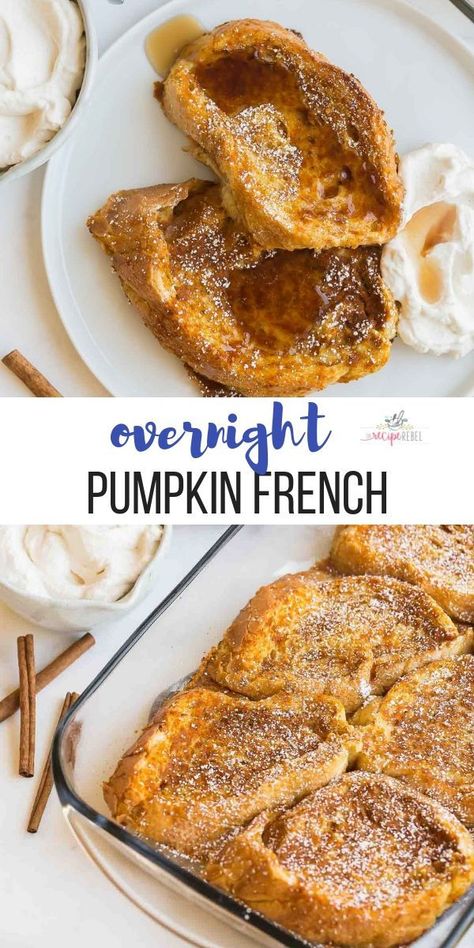 THIS is the fall breakfast you need! This Overnight Pumpkin French Toast is so easy -- you can make ahead for holiday gatherings and brunches! #pumpkin #thanksgiving #breakfast #brunch #recipes #pumpkinrecipe | pumpkin recipes | thanksgiving brunch | thanksgiving recipes | holiday brunch | make ahead breakfast | overnight french toast Pumpkin Baked French Toast, Casserole Videos, Pumpkin Toast, Overnight Pumpkin French Toast, Thanksgiving Breakfast Brunch, Toast Videos, Pumpkin French Toast Bake, Overnight French Toast Recipe, Overnight French Toast Casserole