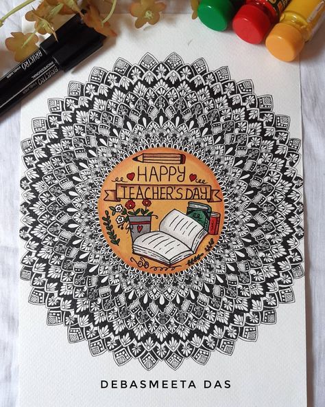 Teacher's Day Mandala Art, Teacher Mandala Art, Teacher Day Mandala Art, Teachers Day Sketch, Cell Drawing, Creative Card Making Ideas, Basic Mandala, Therapy Painting, Teachers Day Drawing