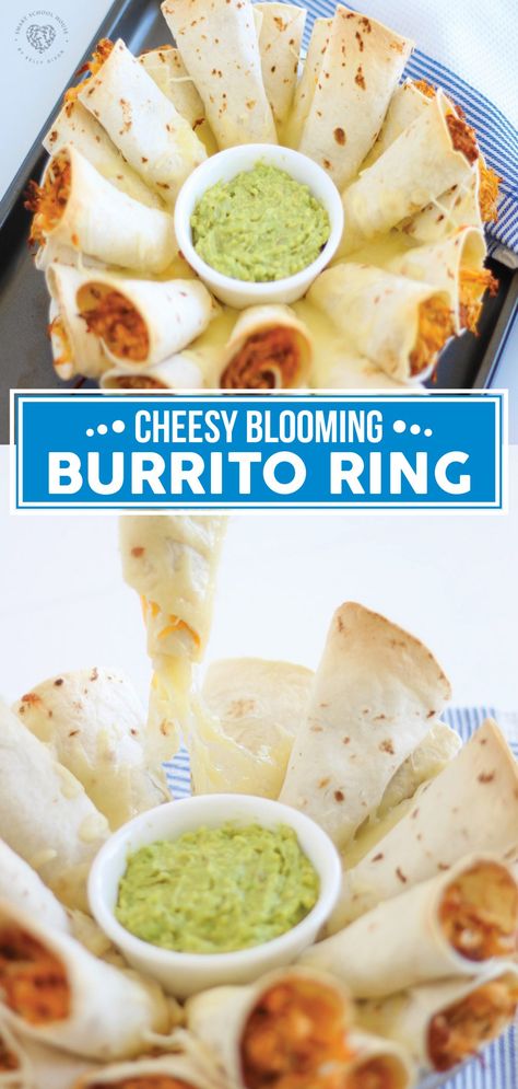 Our Blooming Burrito Ring is not only a great appetizer, it's also a fun meal for a family. It is super amusing and insanely easy to make! Everyone will be impressed by the blooming ring display of comforting cheesy chicken bean burritos. A fun way alternative on Taco Tuesday. Super Bowl Recipes, Best Party Appetizers, Smart School House, Bean Burritos, Smart School, Easy Party Food, Ring Display, Bowl Recipes, Super Bowl Food