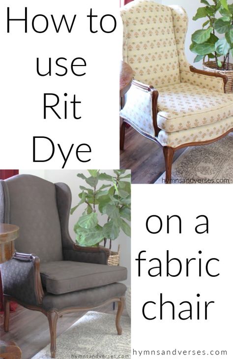 How to Change the Color of a Fabric Chair | Hymns and Verses Painted Chairs Diy, Painting Upholstered Furniture, Painting Fabric Chairs, Upholstered Chairs Diy, Painting Fabric Furniture, Diy Furniture Upholstery, Paint Upholstery, Rit Dye, Reupholster Chair