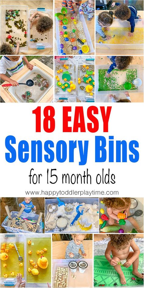 Easy Baby Sensory Bins - HAPPY TODDLER PLAYTIME Learning starts when all the senses are engaged. Here is a list of 18 easy baby sensory bins you can do with your little one from 12 months, 15 months, 18 months and up. #sensorybins #babyactivities Baby Sensory Play 9-12 Months, Diy Baby Toys 9-12 Months, Montessori 12 Months, Sensory Bin Play, Toddler Sensory Bins, Baby 12 Months, Sensory Bags, Diy Montessori, Montessori Diy