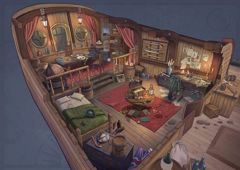 Pirate Ship Art, Interior Concept Art, Pirate Room, Captains Quarters, Pirate Boats, Navi A Vela, Ship Map, Bateau Pirate, Old Sailing Ships