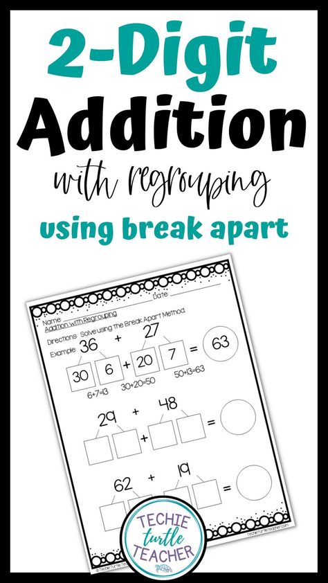 Break Apart Addition Anchor Chart, Teaching 2 Digit Addition, Two Digit Addition With Regrouping, Addition Anchor Charts, Adding Worksheets, 2 Digit Addition, Addition With Regrouping, Math Strategies, Activity Board