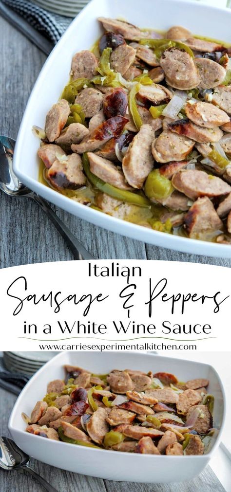 Italian Sausage and Peppers in a White Wine Sauce make the perfect Sunday dinners, holiday gatherings or tasty sandwiches for tailgating. Italian Sausage And Peppers, Tasty Sandwiches, Sausage Peppers And Onions, Sausage Peppers, Veal Recipes, Sausage Dishes, White Wine Sauce, Sausage And Peppers, Wine Sauce