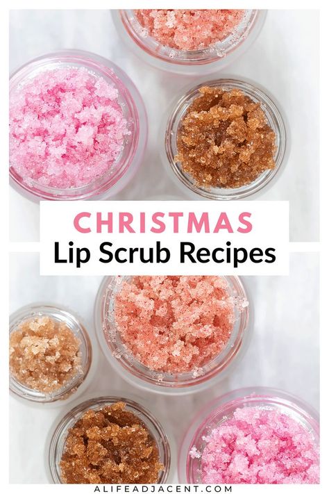 Christmas lip scrubs seen close up in small glass jars. Text overlay: Christmas lip scrub recipes. Christmas Lip Scrub, Sugar Lip Scrub Diy, Scrub Recipe Diy, Diy Body Scrub Recipes, Diy Sugar Scrub Recipe, Lip Scrub Recipe, Winter Lips, Homemade Beauty Recipes, Holiday Lip