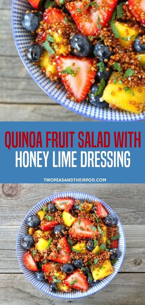 A must try fruit salad recipe with quinoa and honey lime dressing. It is the best quinoa fruit salad made with blueberries, strawberries and mango perfect any time of the day. Enjoy all your favorite fruits in one bowl! Health Salad Recipes, Recipe With Quinoa, Mango Quinoa Salad, Salad With Honey Lime Dressing, Fruit Salad With Honey, Quinoa Fruit Salad, Honey Lime Dressing, Fruit Salad Recipe, Resep Smoothie