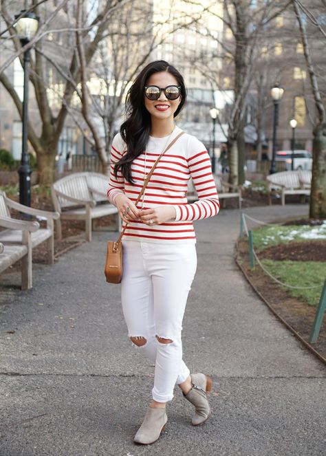 Red & White Striped Sweater & White Skinny Jeans Striped Sweater Outfit, Job Clothes, Casual Chic Spring, Nyc Fashion, White Sweaters, White Denim, Stripe Sweater, Matching Outfits, Fall Winter Outfits