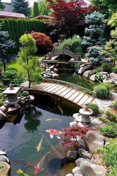 A tranquil Japanese garden featuring a koi pond, traditional wooden bridges, lush greenery, and stone lanterns, creating a serene and peaceful ambiance. Garden Design Water Features, Fence Around Pond Ideas, Outdoor Fish Ponds Ideas, Pond Landscaping Ideas Large, Koi Fish Pond Backyard, Garden With Koi Pond, Cottage Pond, Koi Pond Backyard, Japanese Water Garden