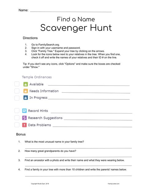 Children can help their families find names for the temple and learn how to navigate the FamilySearch Family Tree at the same time! Here is a worksheet for children to use as they search for icons … Family History Scavenger Hunt, History Games, Family History Projects, Find Name, Lds Lessons, Yw Activities, Youth Conference, History Taking, Primary Activities