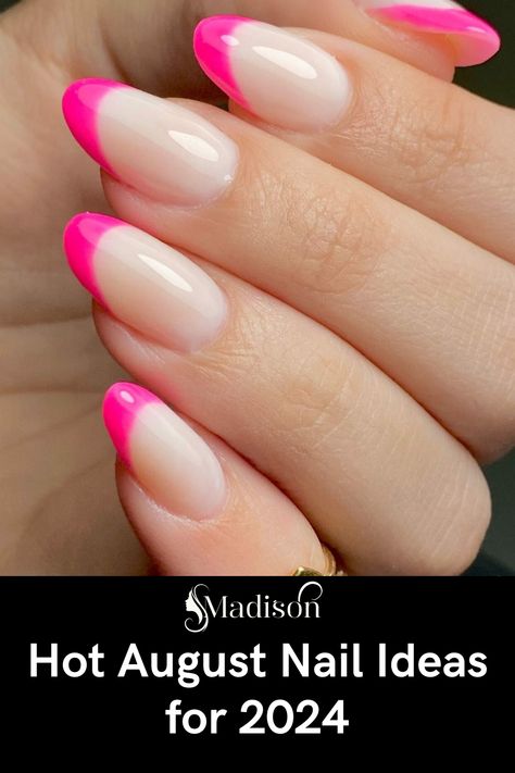 august nails 2024 #AugustNails2024 #SummerNailTrends #ChicManicure #NailArtIdeas #TrendyNails #2024NailDesigns #NailInspo #StylishNails #SummerBeauty #NailGoals Bright Pink French Tip Nails Almond, Hot Pink And Orange Nails French Tip, Almond Nails Hot Pink French Tip, French Tip Gel Nails Short Almond, Fushia French Tips, Fuchsia French Tip Nails, Dark Pink Nails Almond, French Hot Pink Nails, Neon Pink French Tip Nails Almond