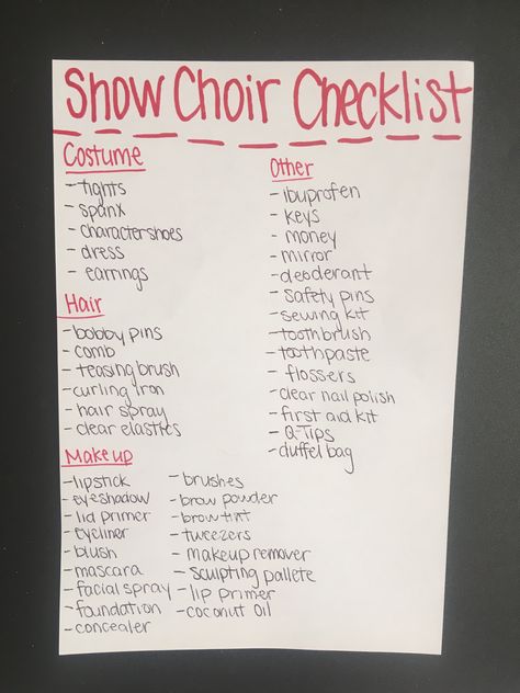 Musical Theatre Checklist, Band Competition Packing List, Show Choir Makeup, Tech Week Survival Kit Theatre, Show Choir Hair, Choir Humor, Musical Theatre Humor, Choir Teacher, Show Choir