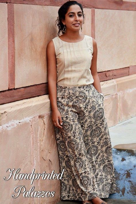 Plazas Plaza And Top, Cotton Palazzo Pants, Cotton Tops Designs, Kalamkari Dresses, Western Wear Outfits, Trendy Dress Outfits, Party Wear Indian Dresses, Beige Top, Stylish Dresses For Girls