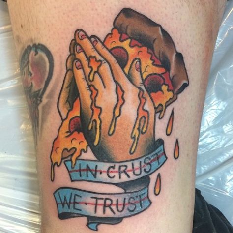 In crust we trust by @branden__wilson.  DM us your pizza tattoos! In Crust We Trust, 300 Tattoo, Traditional Tattoo Man, Pizza Project, Pizza Tattoo, Tattoo Man, Food Tattoos, Tattoo Parlor, Different Tattoos