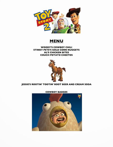 Toy Story 2 Menu Toy Story Dinner Theme, Toy Story Menu Ideas, Toy Story Dinner, Disney Dinner And Movie Night, Toys Story Birthday, Disney Movie Themed Dinner, Disney Nights, Themed Dinners Ideas, Disney Movie Night Menu