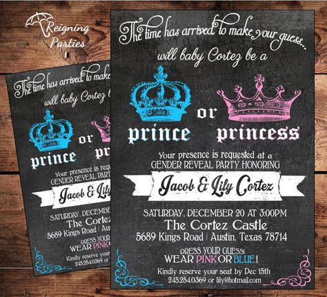 Prince or Princess Gender Reveal Party Invitation - Digital File @Ashleigh Queen    LOL, this one is fitting for a "Queen"!! Prince Or Princess Gender Reveal, Princess Gender Reveal, Gender Reveal Ideas For Party, Gender Reveal Ideas, Gender Reveal Party Invitations, Baby Reveal Party, Gender Party, Baby Gender Reveal Party, Gender Reveal Invitations