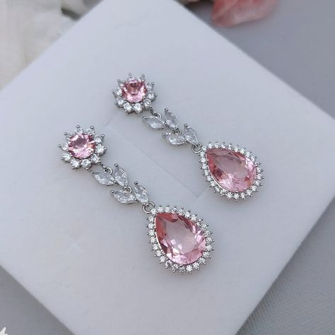 Whole set:https://www.etsy.com/listing/809424238/light-pink-crystal-bridal-jewelry-set?ref=listings_manager_grid Material: Swarovski  light rose ignite crystals(non-foil-back),  clear cubic zirconia paved findings, plated brass findings, sterling silver ear posts.  Styles: picered earrings or clip-on earrings. Size: Full length approx 4.2cm, 1.4cm wide.  Teardrop dangles are 1.6cm*1.4cm.  Metal Color: Available in Rose Gold, Yellow Gold and White Gold(silver tone). Please choose a color when you Blush Pink Earrings, Silver Bridal Earrings, Wedding Jewelry For Bride, Vestidos Color Rosa, Prom Jewelry, Pink Bridal, Light Rose, Pink Jewelry, Wedding Jewelry Earrings