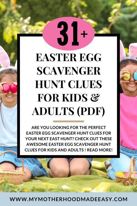 Easter Egg Scavenger Hunt Clues for kids & Adults (PDF)

Looking to throw an awesome easter egg hunt but in need of free printable easter egg hunt clues? Well, you’re in luck! Keep reading to learn more about awesome easter egg hunt ideas for indoor and outdoor hunts plus grab a FREE copy of our easter egg scavenger hunt clues printable! Easter Egg Hunt Clues For Teens, Printable Easter Scavenger Hunt Clues, Scavenger Hunt Clues For Kids, Easter Egg Scavenger Hunt Clues, Easter Scavenger Hunt Clues For Older Kids, Teen Egg Scavenger Hunt, Free Printable Christ Centered Easter Morning Scavenger Hunt Cards, Easter Scavenger Hunt Clues, Egg Hunt Clues