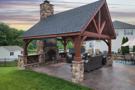 Project Gallery | Chester & Lancaster County PA | Keystone Custom Decks Screened In Pavilion, Enclosed Pavilion, Stone Porch, Lititz Pa, Outdoor Patio Ideas Backyards, Stone Porches, Pavilion Plans, Covered Patio Design, Diy Backyard Patio