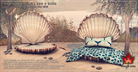 Trompe Loeil - Nerissa Seashell Bed and Bath for Collabor88 July Sea Shell Bed, Seashell Bed, Shell Bed, Dresser Lamp, Mirror Chair, Mermaid Bedding, Twig Furniture, Apartment Designs, Mermaid Bedroom