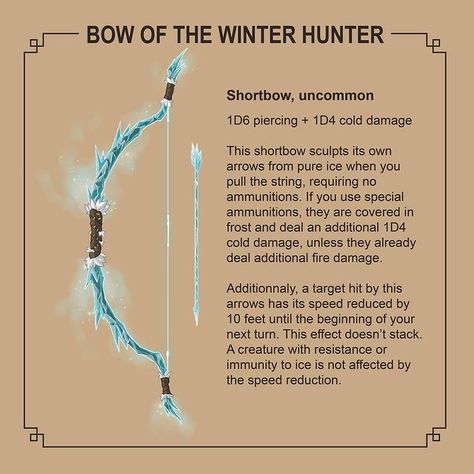 Luca’s Emporium of Treasures on Instagram: “BOW OF THE WINTER HUNTER The wild elven tribes of the north pole forests of Napaaqtuk have a way of crafting these frozen bows for their…” Winter Druid Dnd, Dnd Short Bow, Longbow Dnd, Dnd Longbow, Dnd Bows, Fantasy Items Art, Dnd Magic Items Homebrew, Winter Hunter, Frozen Bows