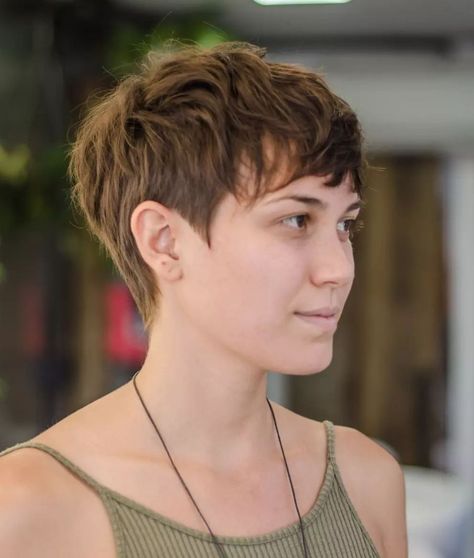 Walnut Brown Pixie with Chopped Layers Edgy Pixie Hairstyles, Brown Pixie, Brown Pixie Cut, Women's Haircut, Pixie Haircuts For Women, Choppy Pixie Cut, Pixie Cut With Bangs, Short Hair Trends, Super Short Hair