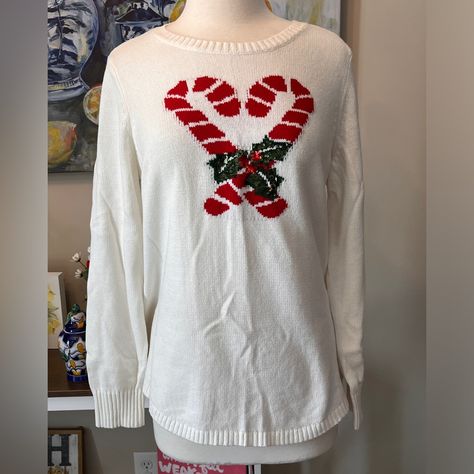 Kim Rogers Candy Cane With Holly Sweater. Never Worn. Just Been Folded In Drawer And I Never Wear It. Smoke Free Home Candy Cane Sweater, Camp Christmas, Kim Rogers, Christmas Costumes, Wear It, Colorful Sweaters, Candy Cane, Candy, Cream