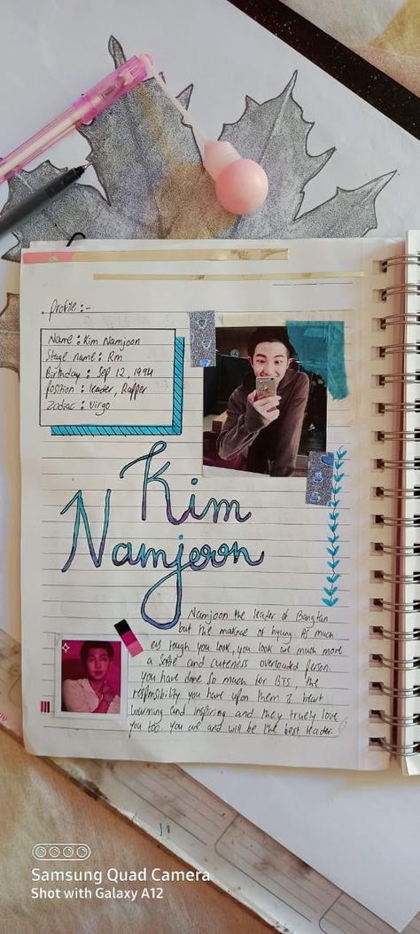 items used- *black pens
*decorative tape
*printed photos
*highlighters
* shiny silver strips Kim Namjoon Journal, Kim Namjoon Journal Ideas, Rm Journal Ideas, Namjoon Journal Ideas, Namjoon Journal, Scrapbook For Best Friend, Bts Journal, Bullet Journal Cover Ideas, Kpop Journal