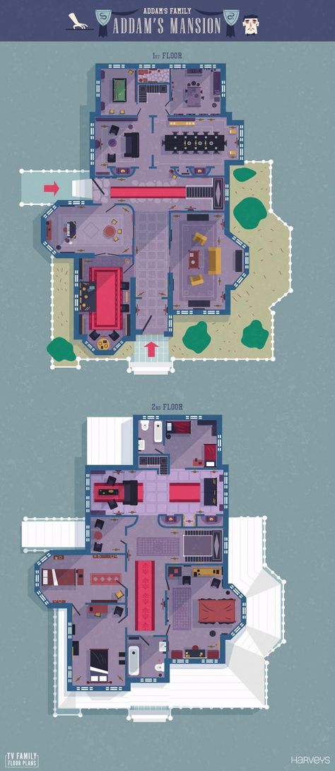 TV show floor plans from Corrie, Will and Grace, Peaky Blinders and more Adams Family House, Sims Reference, Halloween Ads, Addams Family House, Tv Show House, Sims Houses, Farmhouse Floor Plans, Sims 4 House Plans, Sims 4 House Building