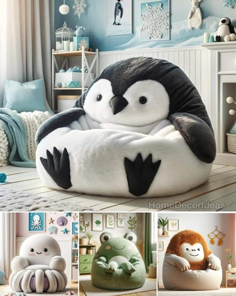 Penguin Room Decor, Bean Bag Chairs For Kids, Outdoor Easter Decorations Diy, Oversized Bean Bag Chairs, Homeschool Room Decor, Kids Bean Bag Chairs, Chairs For Kids, Stuffed Animal Bean Bag, Surfboard Painting