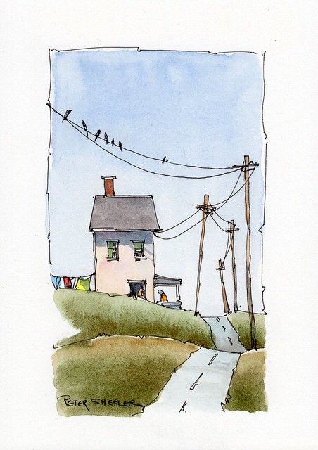 Whimsy farmhouse | 5 x 7 inch line and wash watercolor | Peter Sheeler | Flickr Farmhouse Watercolor Paintings, Line And Wash Watercolor, Line Art Watercolor, Wonky Houses, Peter Sheeler, Line And Wash, Watercolor House Painting, 심플한 그림, Whimsy Art